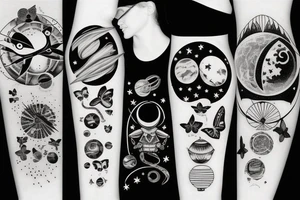 UFO in space with butterflies around the sun tattoo idea