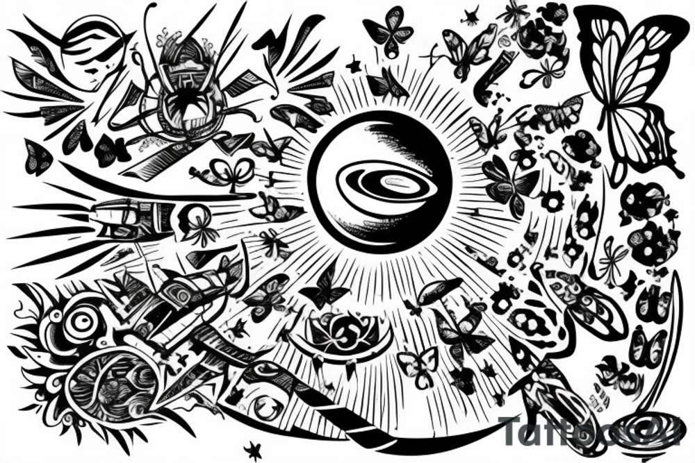 UFO in space with butterflies around the sun tattoo idea UFO in space with butterflies around the sun tattoo idea