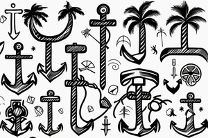 anchor with an island and a coconot tree tattoo idea