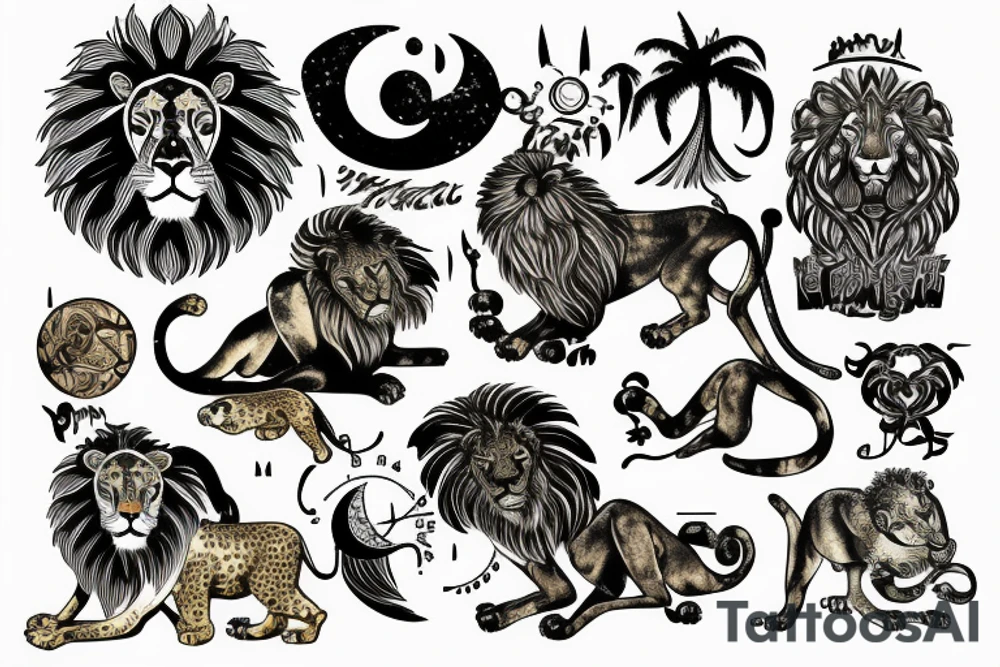 Real lion represented by Leo astrology sign  in a jungle with a moon and a cheetah tattoo idea