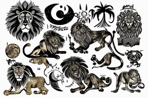 Real lion represented by Leo astrology sign  in a jungle with a moon and a cheetah tattoo idea