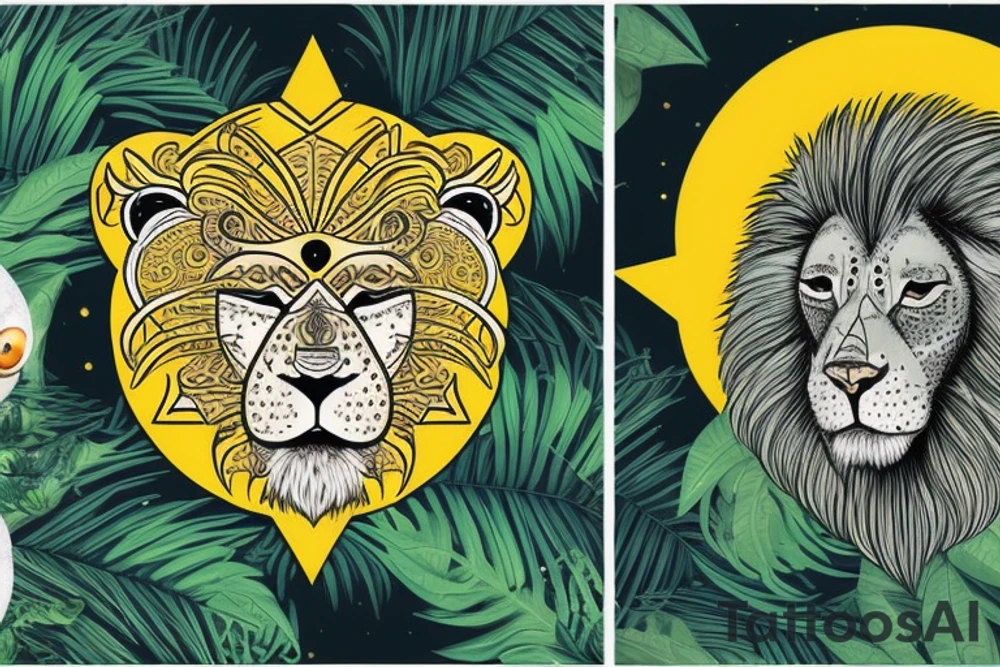 Real lion represented by Leo astrology sign  in a jungle with a moon and a cheetah tattoo idea