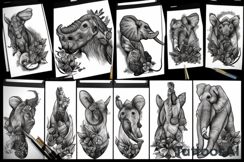 una composicion para la parte superior del brazo de animales de la selva donde no aparezcan ni jirafas, ni elefante ni rinoceronte tattoo idea