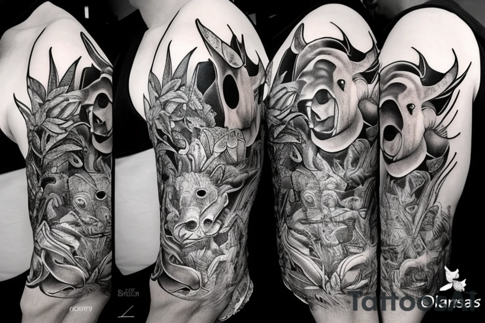 una composicion para la parte superior del brazo de animales de la selva donde no aparezcan ni jirafas, ni elefante ni rinoceronte, no quiero ninguno de los animales de antes tattoo idea
