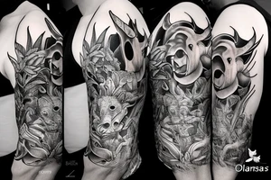 una composicion para la parte superior del brazo de animales de la selva donde no aparezcan ni jirafas, ni elefante ni rinoceronte, no quiero ninguno de los animales de antes tattoo idea