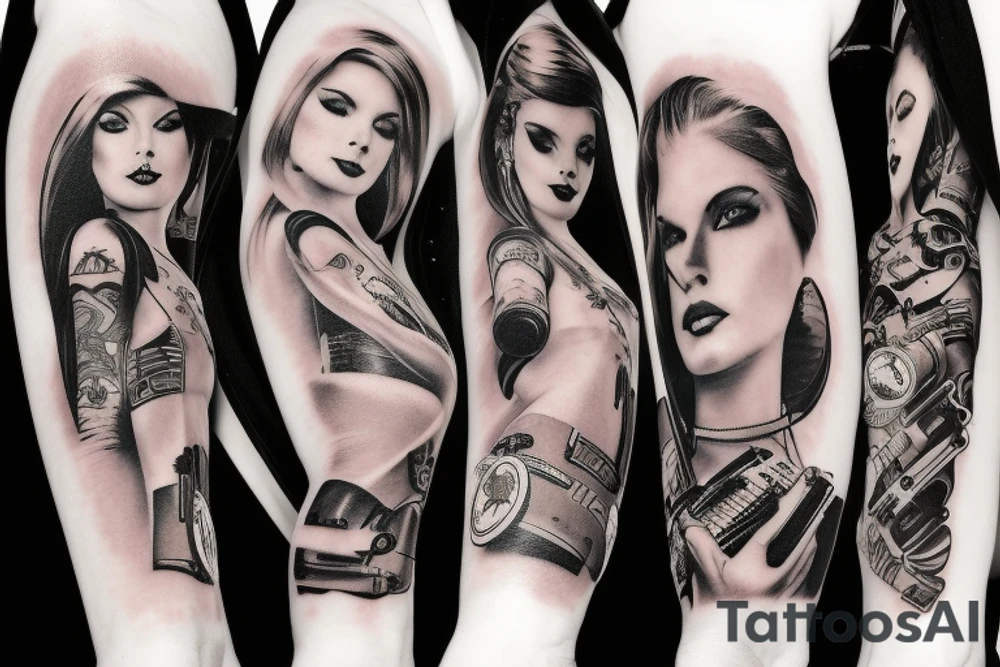 Dirtbikes, guitars guns ammunition music pinup girls tattoo idea