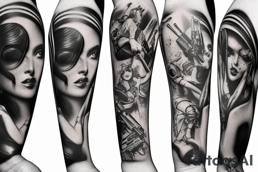 Dirtbikes, guitars guns ammunition music pinup girls tattoo idea