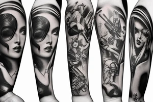 Dirtbikes, guitars guns ammunition music pinup girls tattoo idea