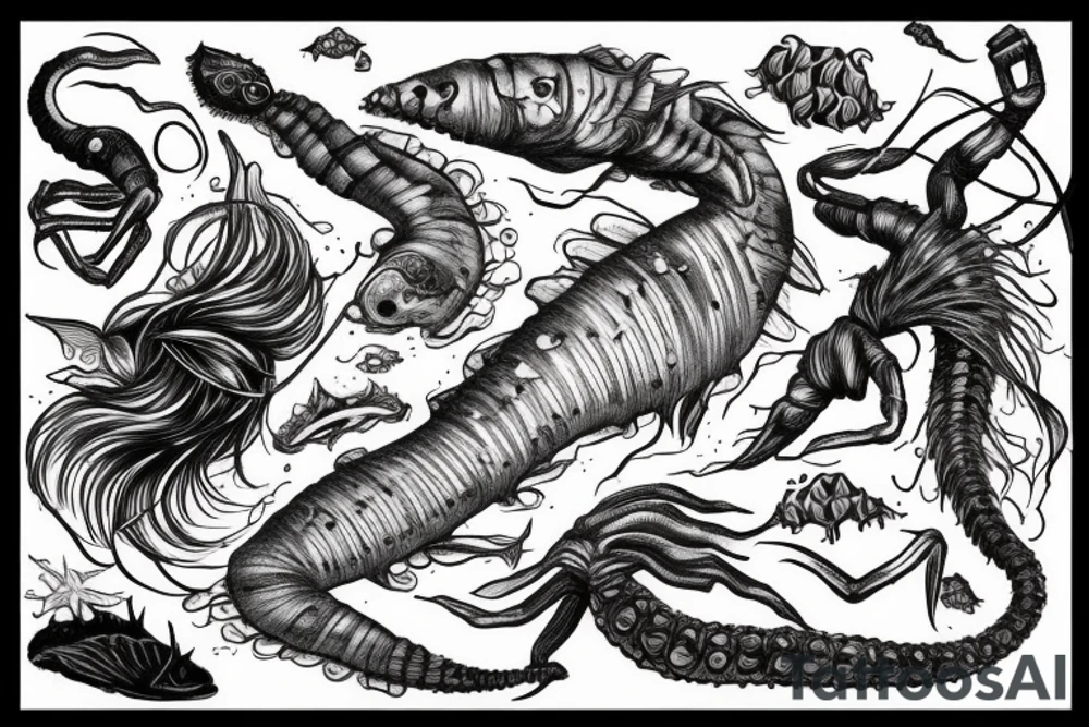 sea creature with body like skull, long fish fin tattoo for leg, gothic style,fine line illustration,dark art,scorpion, tattoo idea