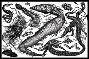 sea creature with body like skull, long fish fin tattoo for leg, gothic style,fine line illustration,dark art,scorpion, tattoo idea