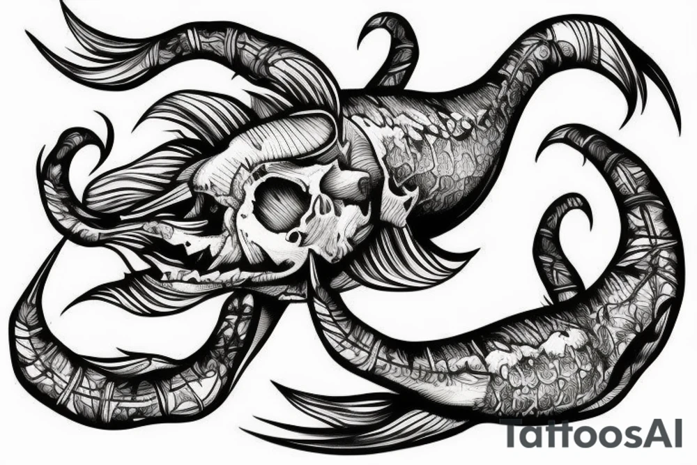 sea creature with body like skull, long fish fin tattoo for leg, gothic style,fine line illustration,dark art,scorpion, tattoo idea
