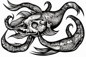 sea creature with body like skull, long fish fin tattoo for leg, gothic style,fine line illustration,dark art,scorpion, tattoo idea
