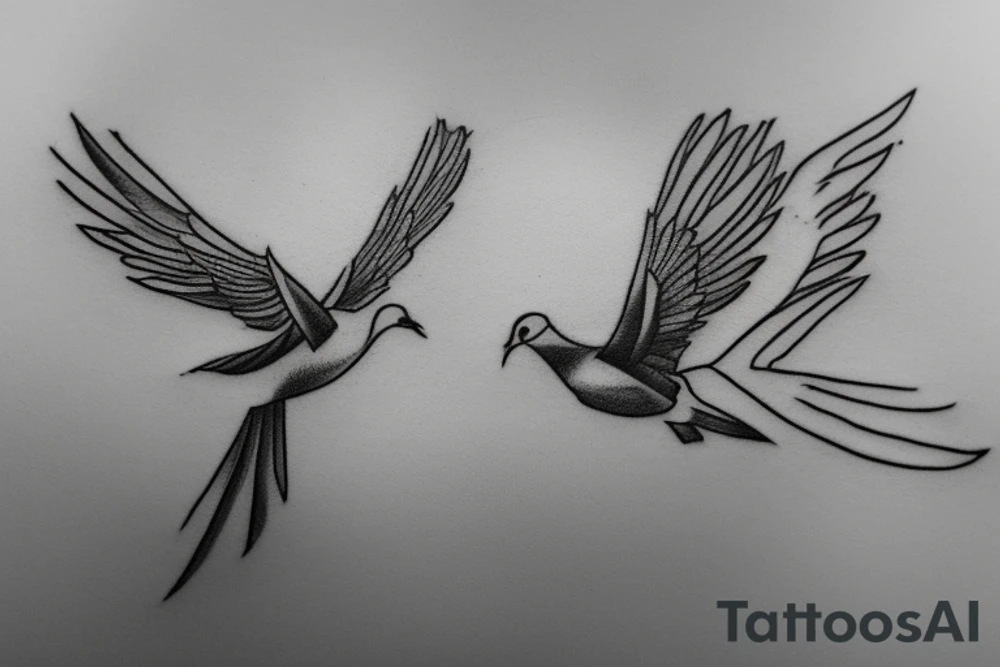 A tattoo sketch of a dove and a magpie as free and happy lovers flying together, side by side, with their wings outstretched and their bodies close together. The dove could be depicted in a simple and minimalistic style, with clean lines and a soft, white color. The magpie, on the other hand, could be portrayed with more intricate detailing, with its black and white plumage and distinct features like its long tail. To convey a sense of freedom and happiness, the birds could be shown in a natural and fluid pose, with their wings gently flapping in the wind. The background would be left blank.
To enhance the symbolic meaning of the tattoo, the birds could be positioned in a way that suggests intimacy and connection, such as with their wings touching. This would emphasize the idea of the dove and magpie as a couple, representing love, loyalty, and companionship. tattoo idea