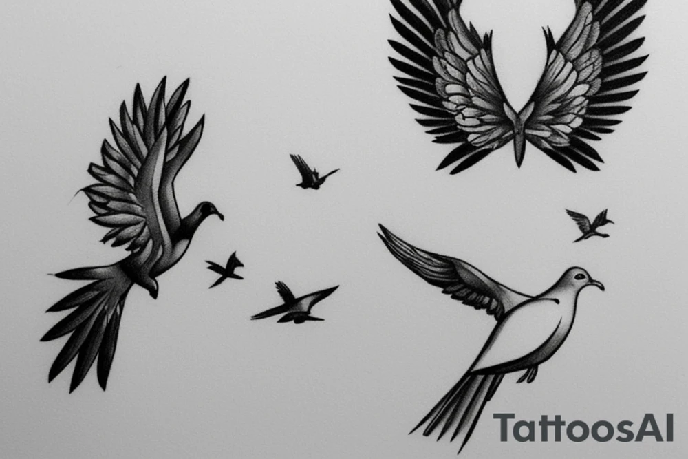 A tattoo sketch of a dove and a magpie as free and happy lovers flying together, side by side, with their wings outstretched and their bodies close together. The dove could be depicted in a simple and minimalistic style, with clean lines and a soft, white color. The magpie, on the other hand, could be portrayed with more intricate detailing, with its black and white plumage and distinct features like its long tail. To convey a sense of freedom and happiness, the birds could be shown in a natural and fluid pose, with their wings gently flapping in the wind. The background would be left blank.
To enhance the symbolic meaning of the tattoo, the birds could be positioned in a way that suggests intimacy and connection, such as with their wings touching. This would emphasize the idea of the dove and magpie as a couple, representing love, loyalty, and companionship. tattoo idea