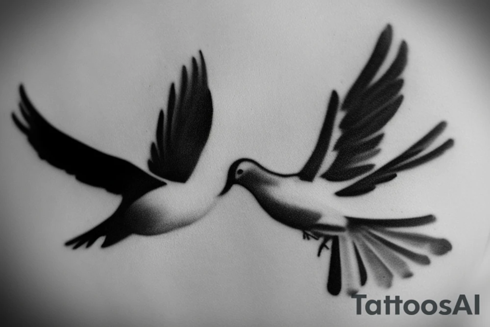 A tattoo sketch of a dove and a magpie as free and happy lovers flying together, side by side, with their wings outstretched and their bodies close together. The dove could be depicted in a simple and minimalistic style, with clean lines and a soft, white color. The magpie, on the other hand, could be portrayed with more intricate detailing, with its black and white plumage and distinct features like its long tail. To convey a sense of freedom and happiness, the birds could be shown in a natural and fluid pose, with their wings gently flapping in the wind. The background would be left blank.
To enhance the symbolic meaning of the tattoo, the birds could be positioned in a way that suggests intimacy and connection, such as with their wings touching. This would emphasize the idea of the dove and magpie as a couple, representing love, loyalty, and companionship. tattoo idea