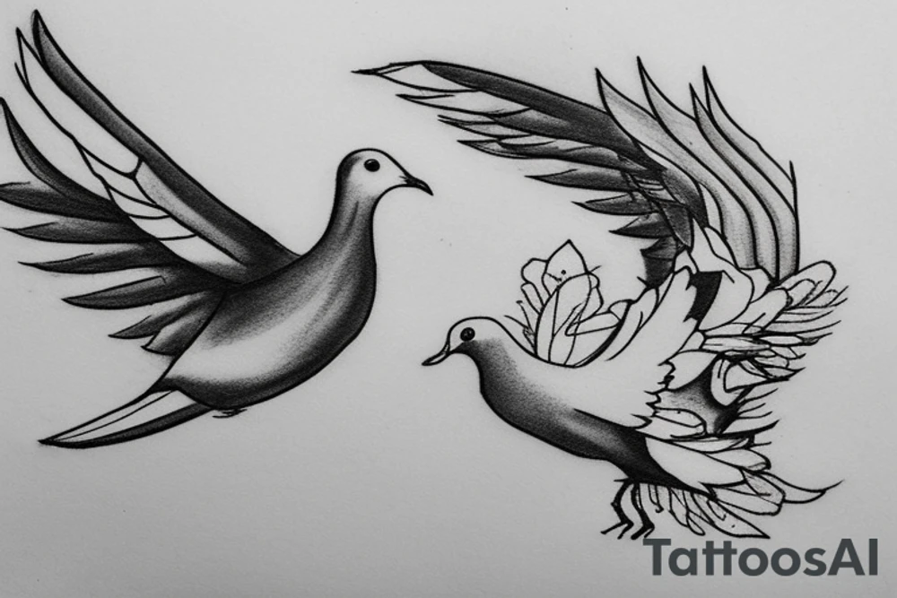 A tattoo sketch of a dove and a magpie as free and happy lovers flying together, side by side, with their wings outstretched and their bodies close together. The dove could be depicted in a simple and minimalistic style, with clean lines and a soft, white color. The magpie, on the other hand, could be portrayed with more intricate detailing, with its black and white plumage and distinct features like its long tail. To convey a sense of freedom and happiness, the birds could be shown in a natural and fluid pose, with their wings gently flapping in the wind. The background would be left blank.
To enhance the symbolic meaning of the tattoo, the birds could be positioned in a way that suggests intimacy and connection, such as with their wings touching. This would emphasize the idea of the dove and magpie as a couple, representing love, loyalty, and companionship. tattoo idea