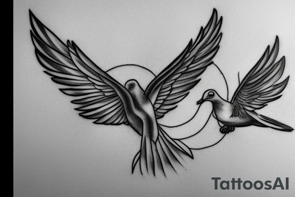 A tattoo sketch of a dove and a magpie as free and happy lovers flying together, side by side, with their wings outstretched and their bodies close together. The dove could be depicted in a simple and minimalistic style, with clean lines and a soft, white color. The magpie, on the other hand, could be portrayed with more intricate detailing, with its black and white plumage and distinct features like its long tail. To convey a sense of freedom and happiness, the birds could be shown in a natural and fluid pose, with their wings gently flapping in the wind. The background would be left blank.
To enhance the symbolic meaning of the tattoo, the birds could be positioned in a way that suggests intimacy and connection, such as with their wings touching. This would emphasize the idea of the dove and magpie as a couple, representing love, loyalty, and companionship. tattoo idea