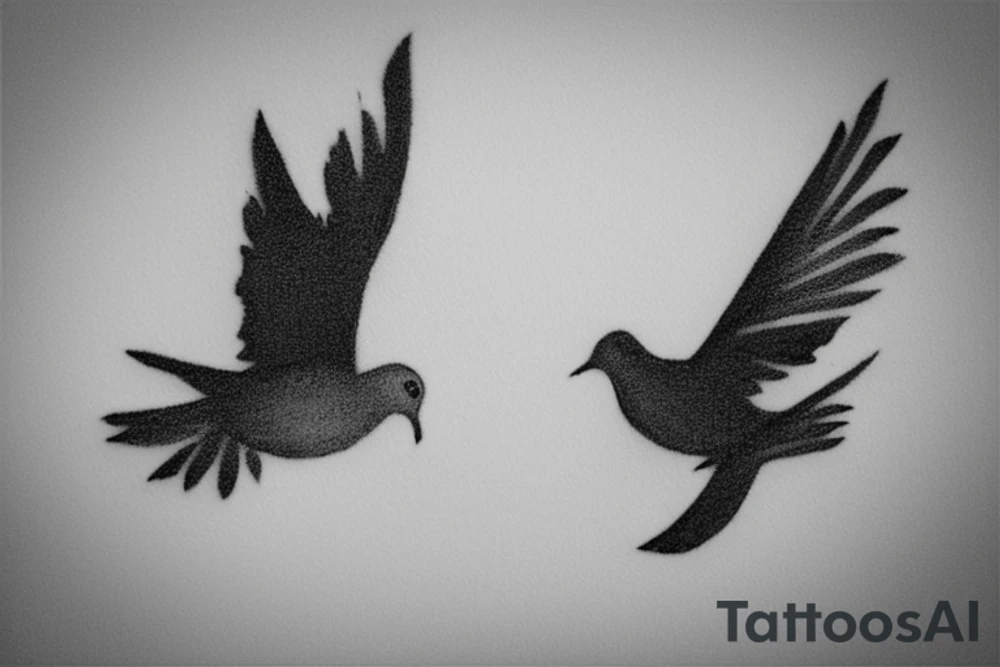 A tattoo sketch of a dove and a magpie as free and happy lovers flying together, side by side, with their wings outstretched and their bodies close together. The dove could be depicted in a simple and minimalistic style, with clean lines and a soft, white color. The magpie, on the other hand, could be portrayed with more intricate detailing, with its black and white plumage and distinct features like its long tail. To convey a sense of freedom and happiness, the birds could be shown in a natural and fluid pose, with their wings gently flapping in the wind. The background would be left blank.
To enhance the symbolic meaning of the tattoo, the birds could be positioned in a way that suggests intimacy and connection, such as with their wings touching. This would emphasize the idea of the dove and magpie as a couple, representing love, loyalty, and companionship. tattoo idea