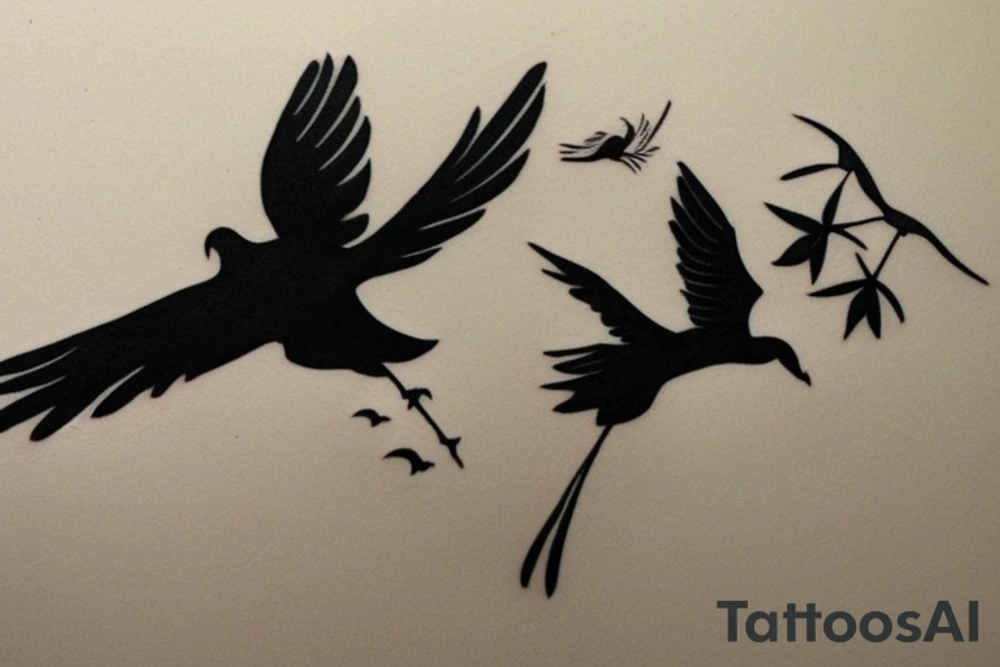 A tattoo sketch of a dove and a magpie as free and happy lovers flying together, side by side, with their wings outstretched and their bodies close together. The dove could be depicted in a simple and minimalistic style, with clean lines and a soft, white color. The magpie, on the other hand, could be portrayed with more intricate detailing, with its black and white plumage and distinct features like its long tail. To convey a sense of freedom and happiness, the birds could be shown in a natural and fluid pose, with their wings gently flapping in the wind. The background would be left blank.
To enhance the symbolic meaning of the tattoo, the birds could be positioned in a way that suggests intimacy and connection, such as with their wings touching. This would emphasize the idea of the dove and magpie as a couple, representing love, loyalty, and companionship. tattoo idea