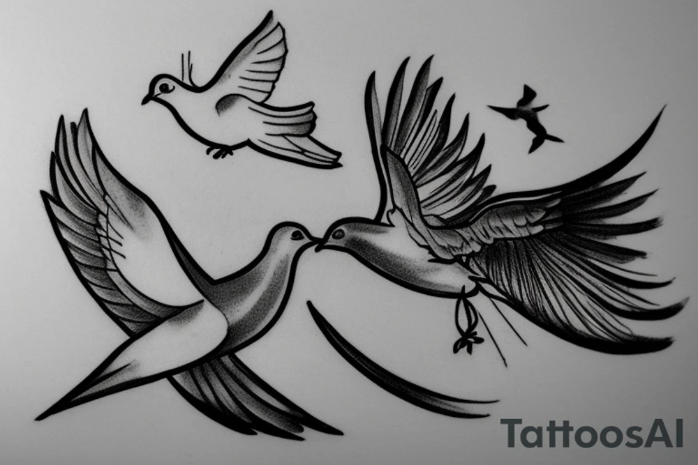 A tattoo sketch of a dove and a magpie as free and happy lovers flying together, side by side, with their wings outstretched and their bodies close together. The dove could be depicted in a simple and minimalistic style, with clean lines and a soft, white color. The magpie, on the other hand, could be portrayed with more intricate detailing, with its black and white plumage and distinct features like its long tail. To convey a sense of freedom and happiness, the birds could be shown in a natural and fluid pose, with their wings gently flapping in the wind. The background would be left blank.
To enhance the symbolic meaning of the tattoo, the birds could be positioned in a way that suggests intimacy and connection, such as with their wings touching. This would emphasize the idea of the dove and magpie as a couple, representing love, loyalty, and companionship. tattoo idea