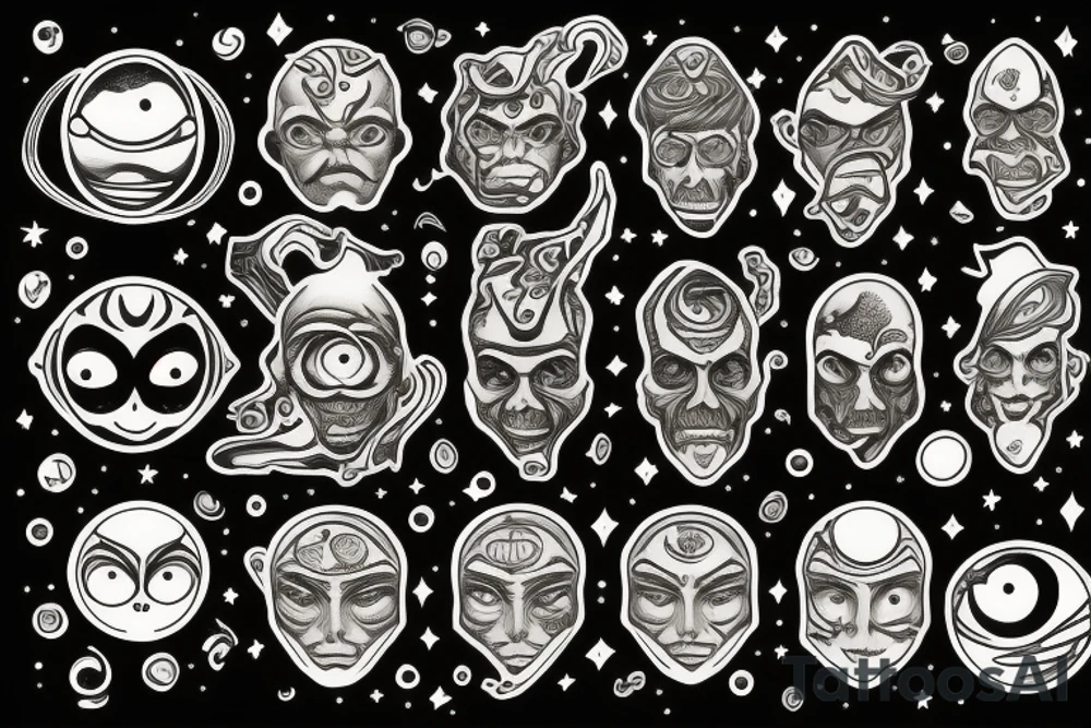 Mage with eyes and planets tattoo idea