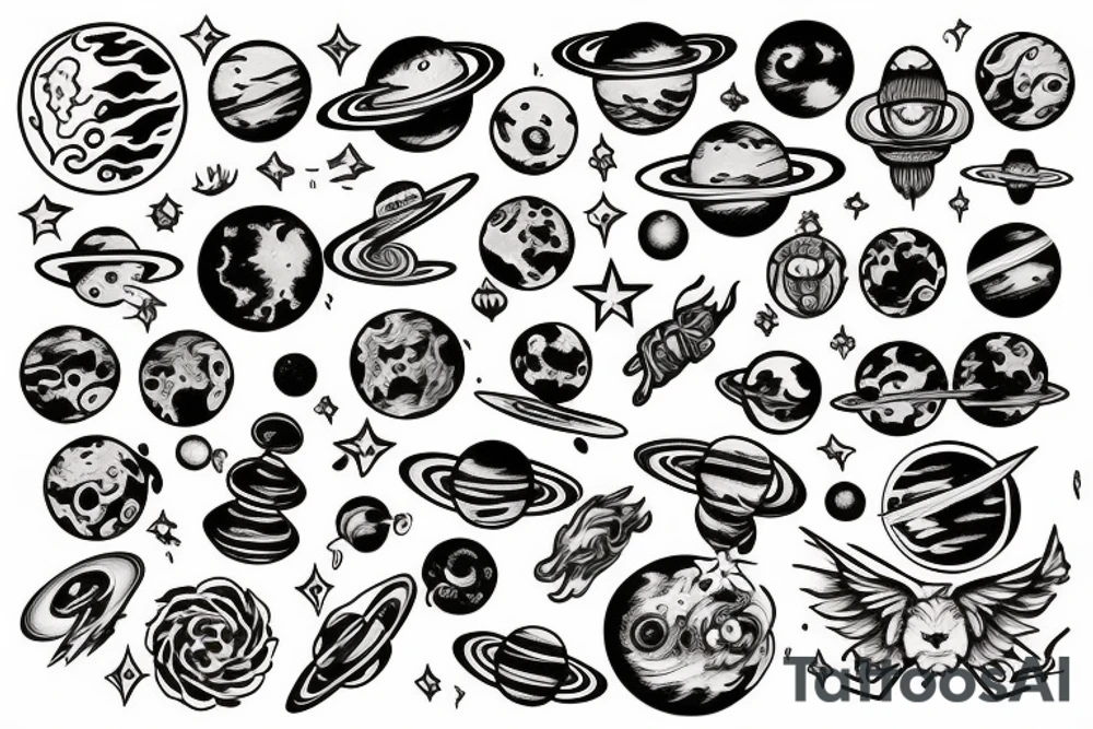 Mage with planets, fire and eyes tattoo idea