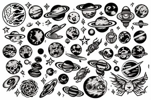 Mage with planets, fire and eyes tattoo idea