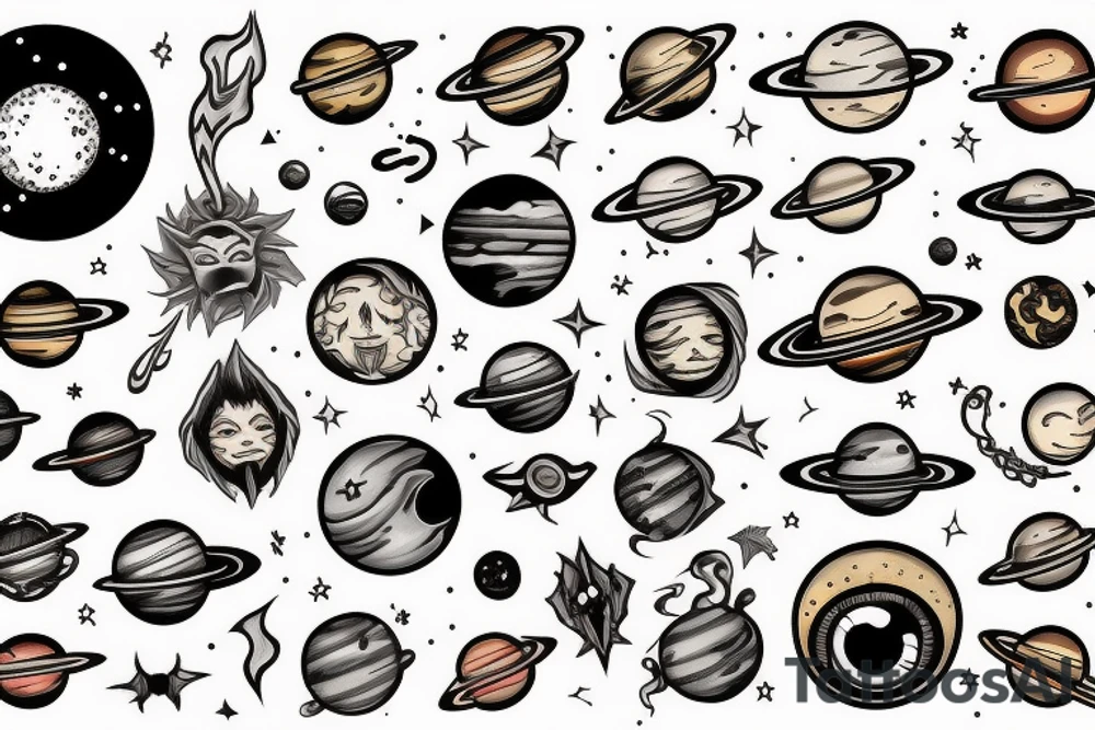 Mage with planets, fire and eyes tattoo idea