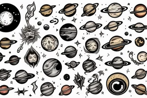 Mage with planets, fire and eyes tattoo idea
