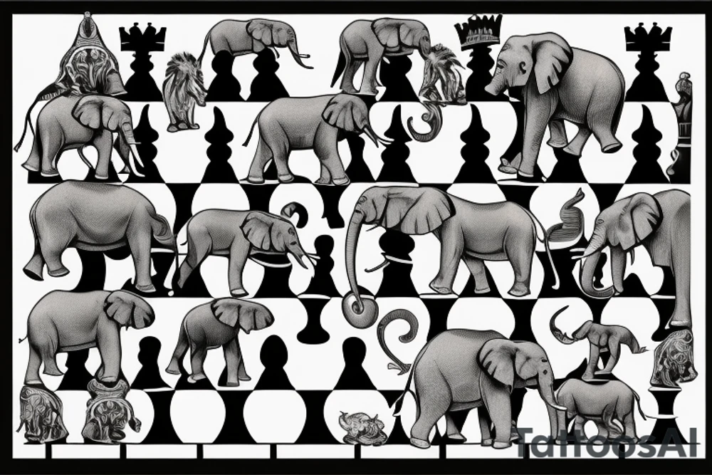 Elephants roaming a chess board with other kings of the jungle tattoo idea