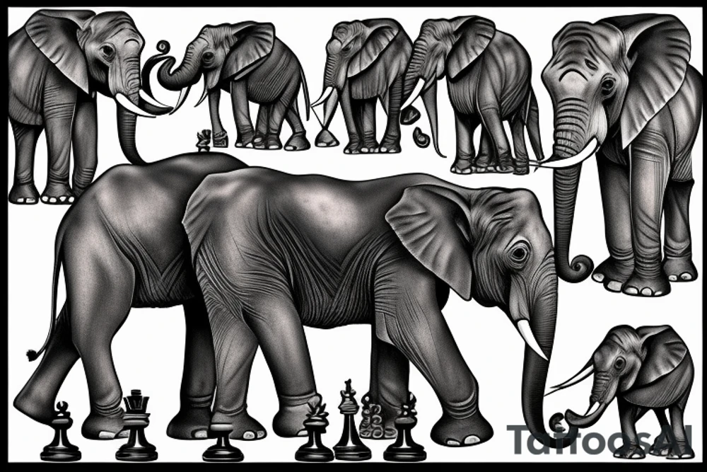 Elephants roaming a chess board with other kings of the jungle tattoo idea