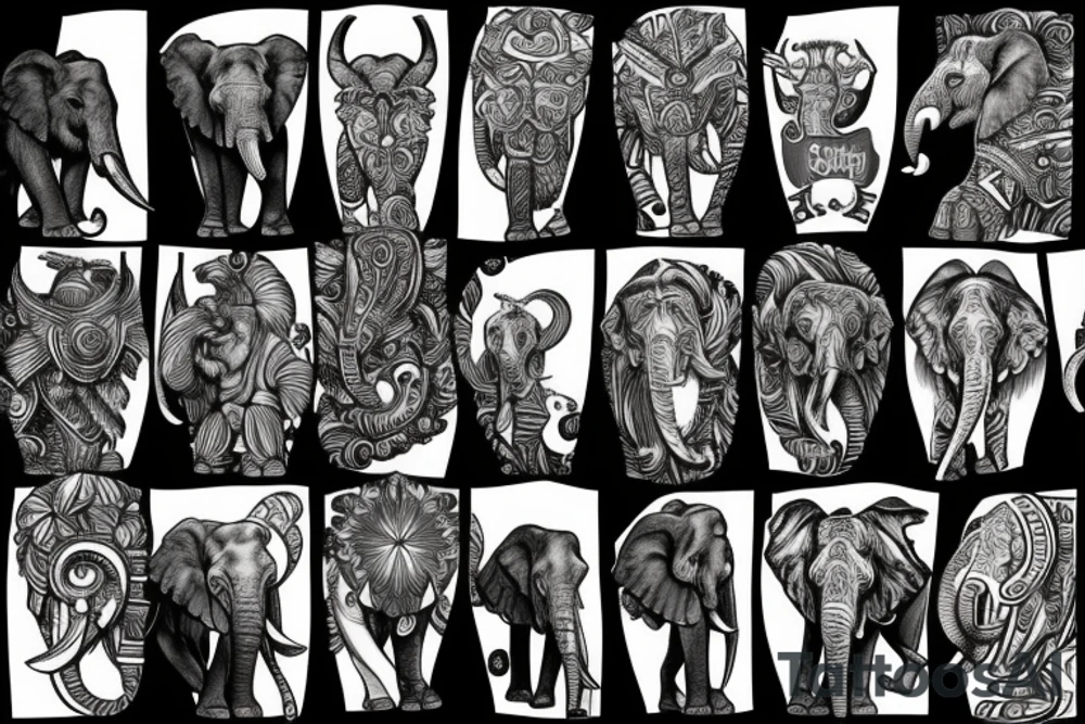 Elephants roaming a chess board with other kings of the jungle as a back piece tattoo idea