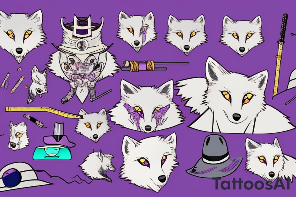 A white fox with purple eyes, with katana and a 
straw hat through which the purple sparkle of the eye tattoo idea