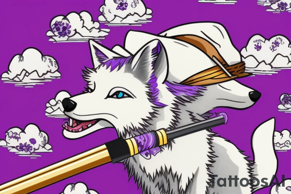 A white fox with purple eyes, with katana and a 
straw hat through which the purple sparkle of the eye tattoo idea