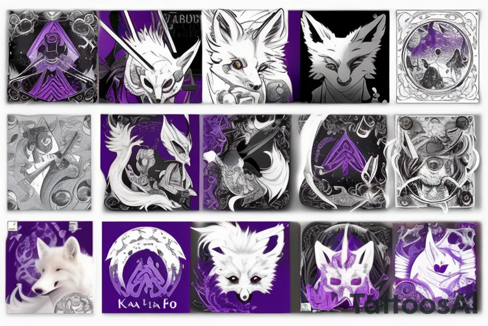 A white demon fox with purple eyes and 8 tales, with katana tattoo idea