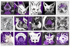 A white demon fox with purple eyes and 8 tales, with katana tattoo idea