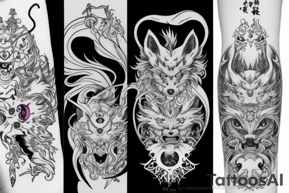 A white demon fox with purple eyes and 8 tales, with katana tattoo idea
