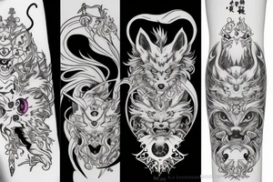 A white demon fox with purple eyes and 8 tales, with katana tattoo idea