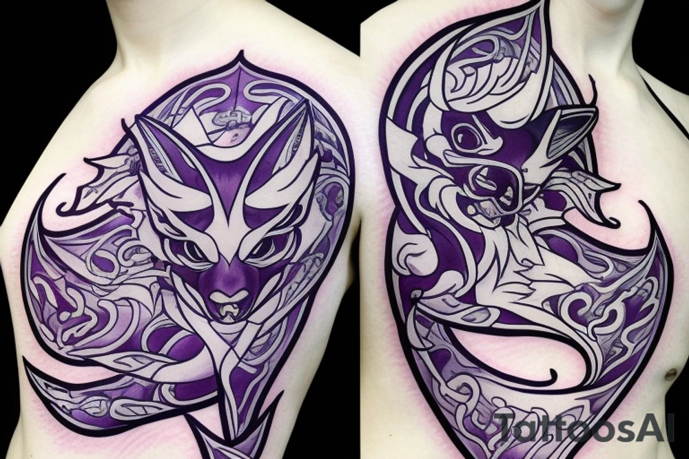 A white demon fox with purple eyes and 8 tales, with katana tattoo idea