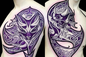 A white demon fox with purple eyes and 8 tales, with katana tattoo idea