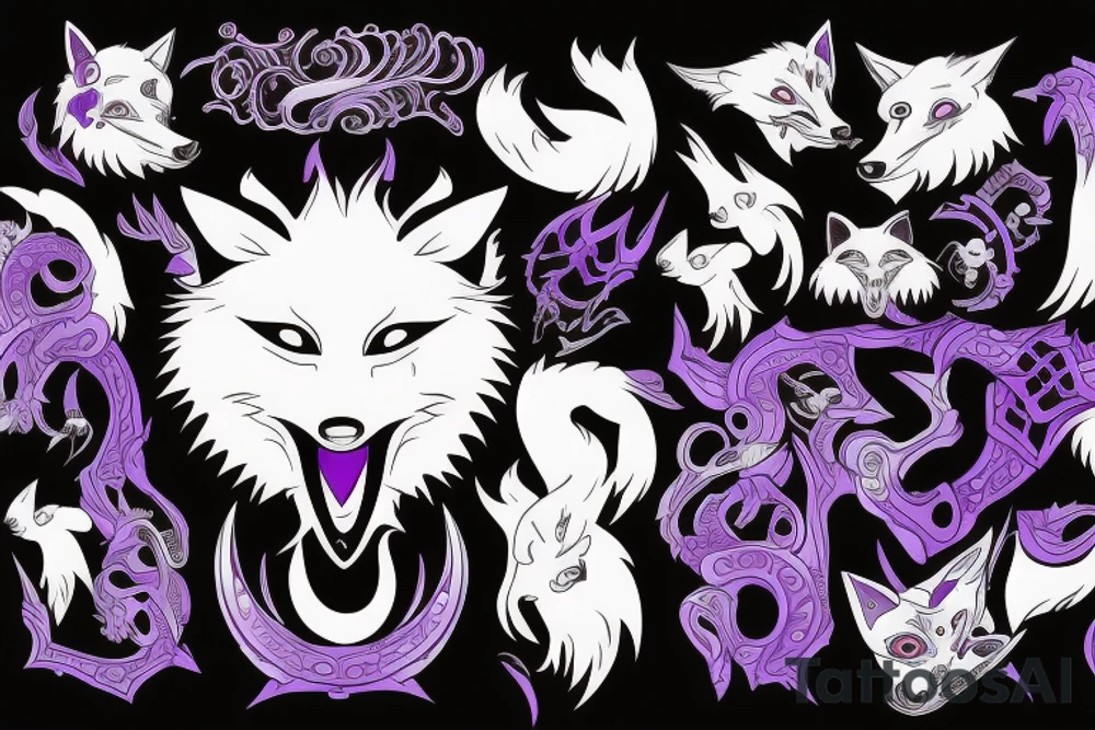 A white demon fox with purple eyes and 8 tales, with katana tattoo idea
