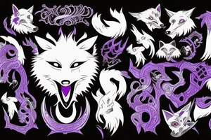 A white demon fox with purple eyes and 8 tales, with katana tattoo idea