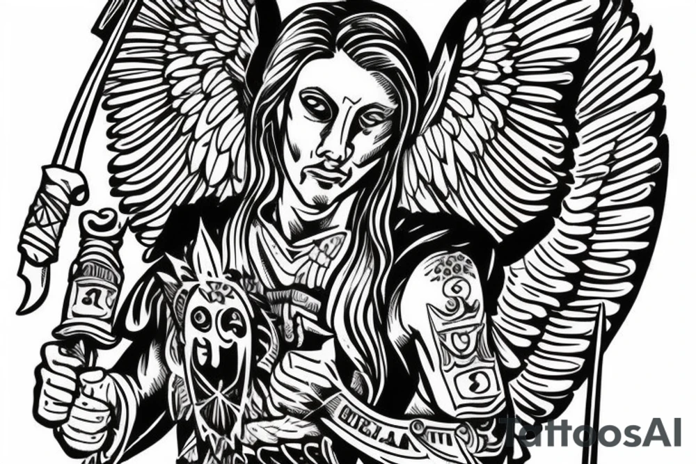 guardian angel with a shield and a spear in his hand tattoo idea