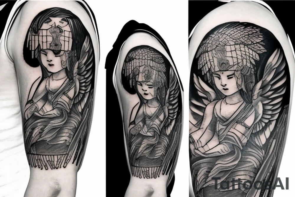 guardian angel with a shield and a spear in his hand tattoo idea