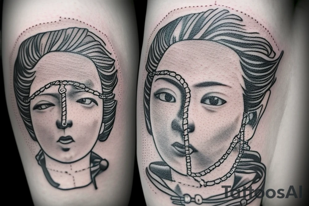 Themis with a blindfold in the form of a dollar bill, hands tied with a chain, a chain lock with a dollar sign tattoo idea