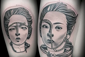 Themis with a blindfold in the form of a dollar bill, hands tied with a chain, a chain lock with a dollar sign tattoo idea