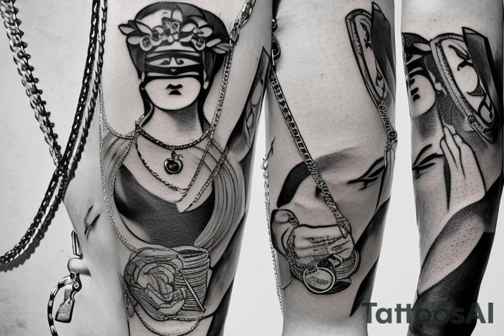 Themis with a blindfold in the form of a dollar bill, hands tied with a chain, a chain lock with a dollar sign tattoo idea