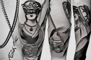 Themis with a blindfold in the form of a dollar bill, hands tied with a chain, a chain lock with a dollar sign tattoo idea