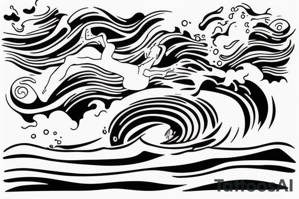 a swimmer doing a stroke riding through an ocean wave tattoo idea