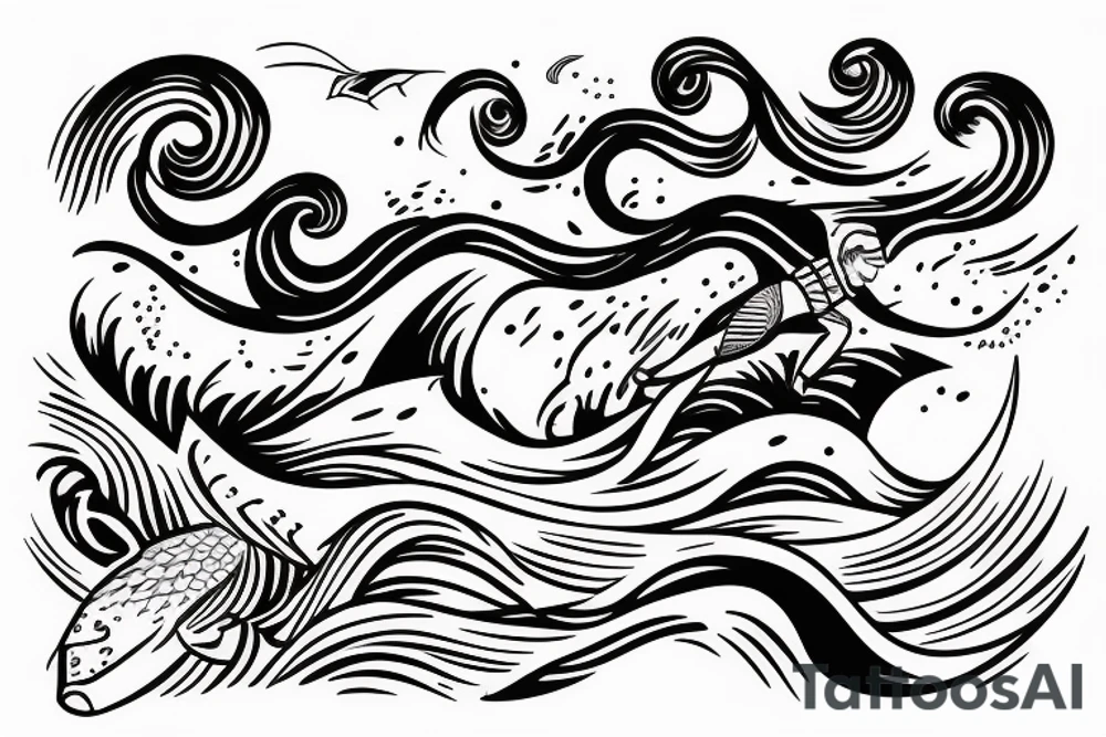 a swimmer doing a stroke riding through an ocean wave tattoo idea